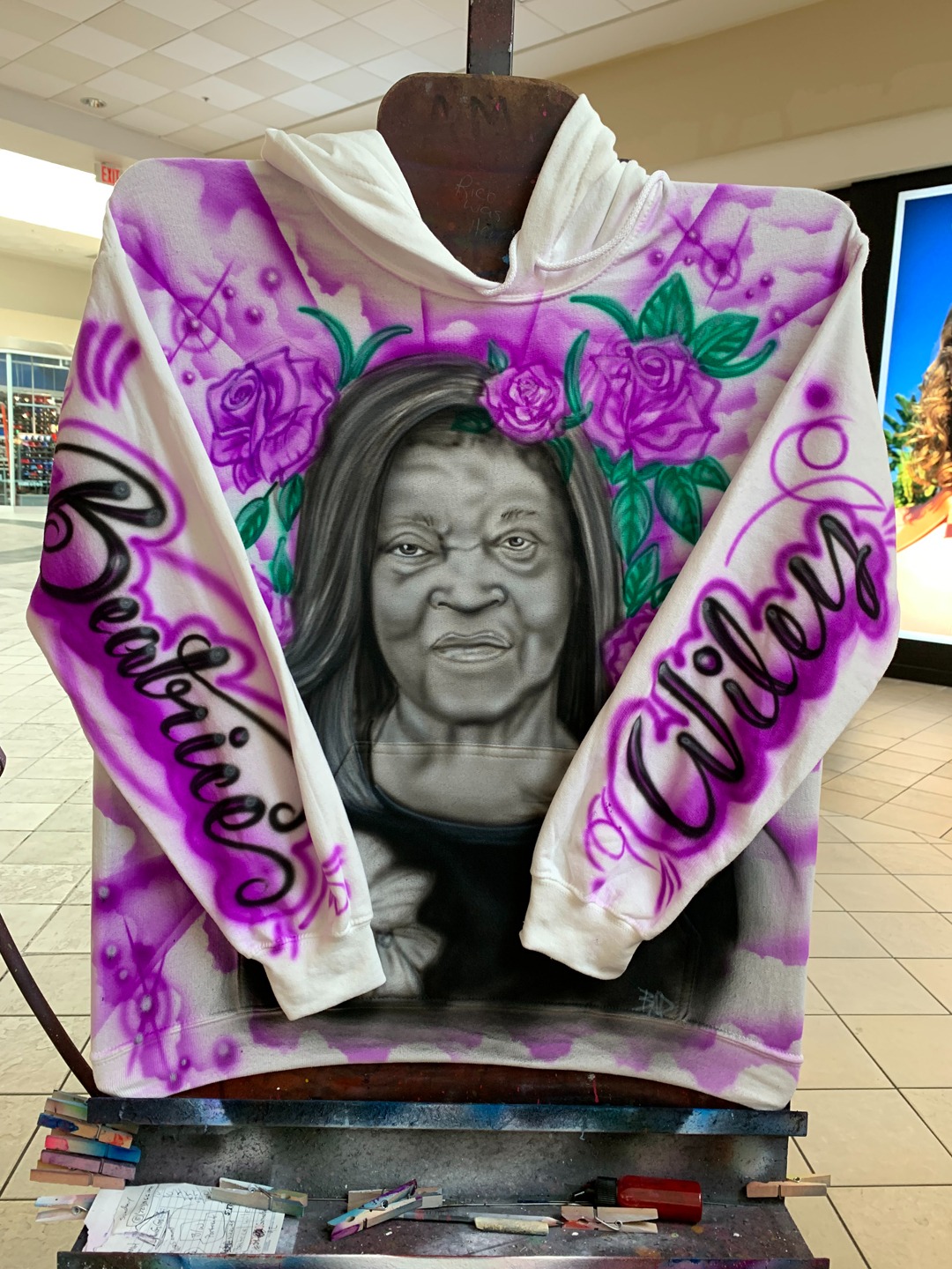 Purple and white airbrushed memorial portrait hoodie